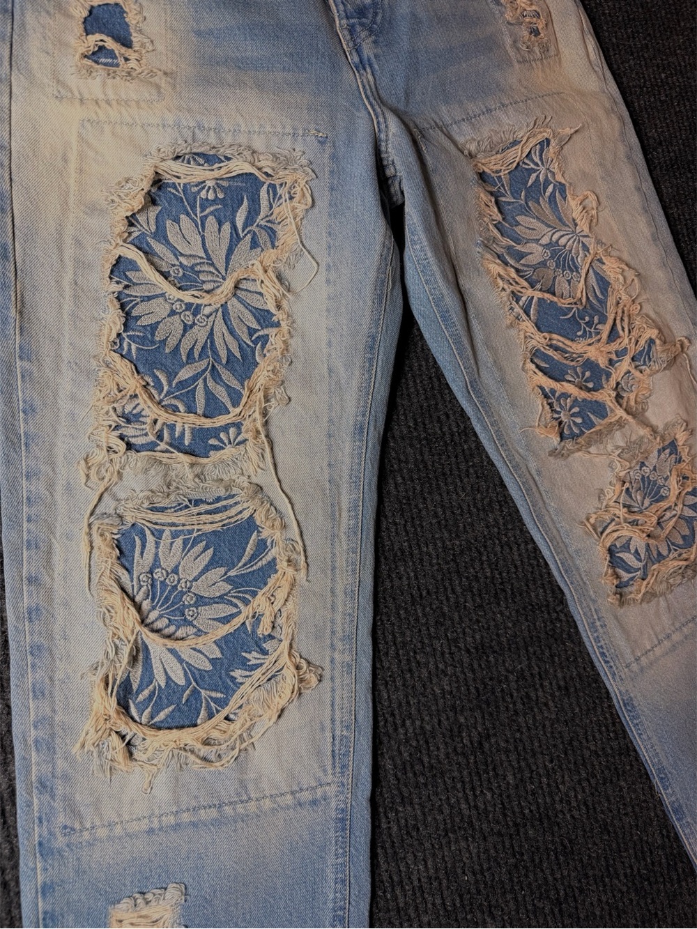 Free People Light Blue Distressed Ankle Jeans with Floral Patch Inset - Picture 2 of 6